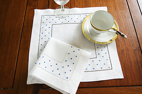 Square Linen Napkin. French Blue Swiss Polka Dots. Hemstitch 14"